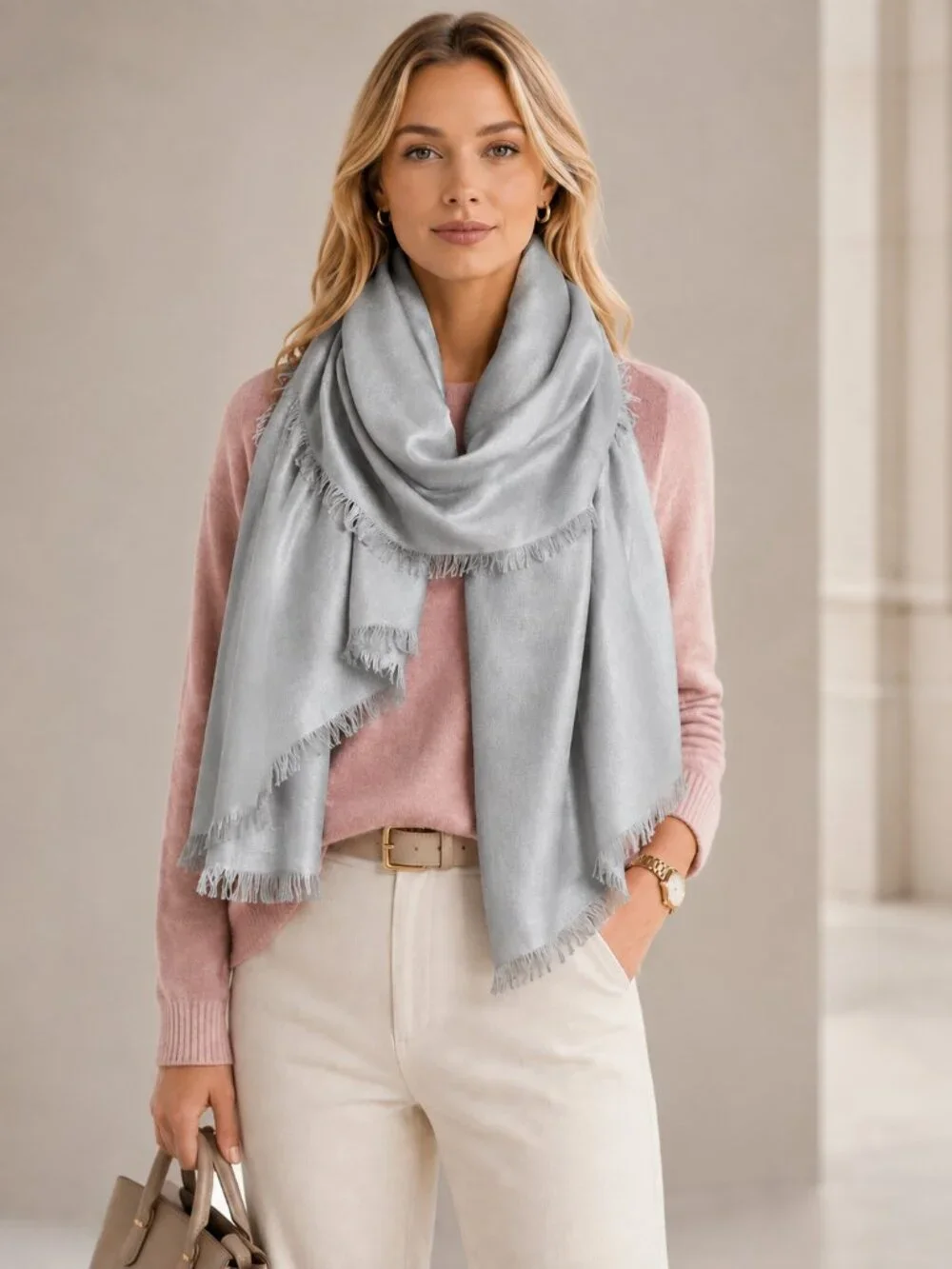 Nordstrom Grey Cashmere Silk Eyelash Trim Wrap Scarf Sconce Print NWT